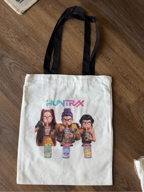 K Pop HUNTRX White Graphic Tote Bag with Black Handlesk